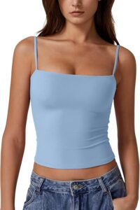 Baby blue spaghetti strap tank layered over white tee – SuzeQ 90s fashion memory